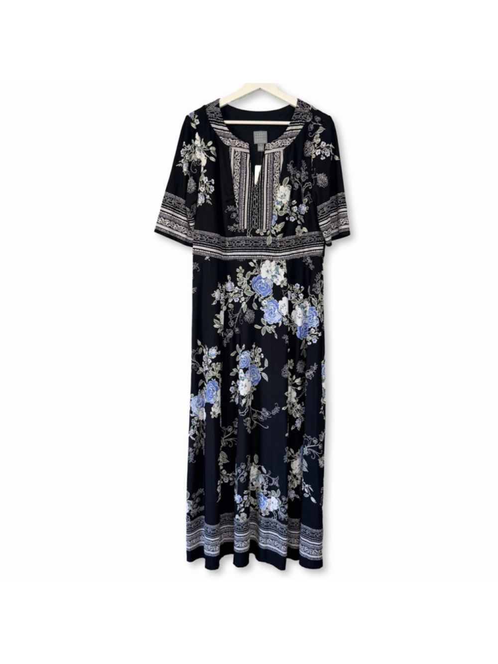 Rabbit Rabbit Rabbit Designs Black Blue Puff Print Floral Maxi Dress Size 16